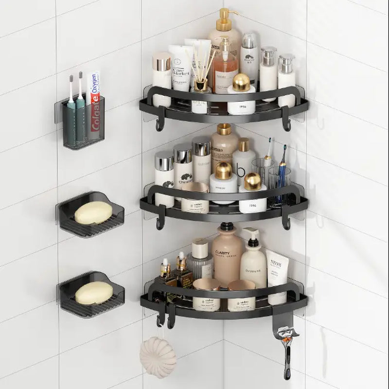 PHANCIR 5 PCS Corner Shower Caddy, No Drilling Stainless Steel Shower Storage Rack with Hooks & Toothpaste Holder for Bathroom, Black