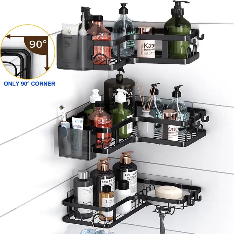 PHANCIR 5 PCS Corner Shower Caddy, No Drilling Stainless Steel Shower Storage Rack with Hooks & Toothpaste Holder for Bathroom, Black