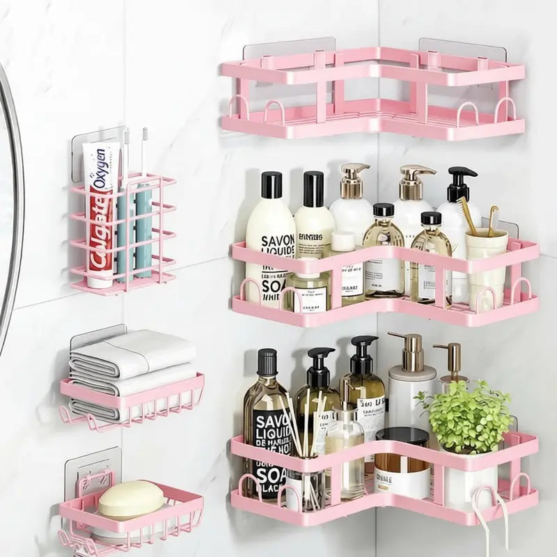 PHANCIR 5 PCS Corner Shower Caddy, No Drilling Stainless Steel Shower Storage Rack with Hooks & Toothpaste Holder for Bathroom, Black