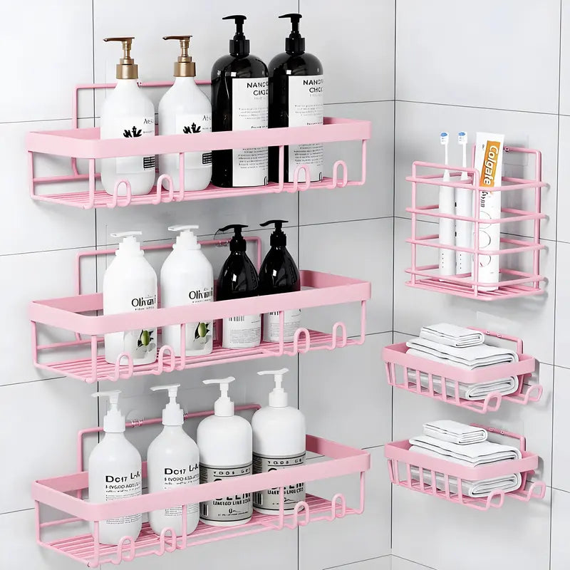 PHANCIR 5 PCS Corner Shower Caddy, No Drilling Stainless Steel Shower Storage Rack with Hooks & Toothpaste Holder for Bathroom, Black